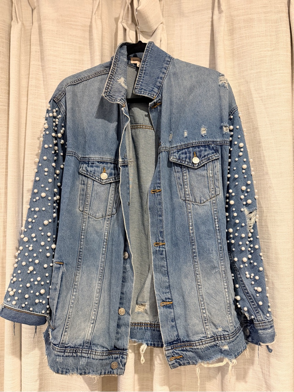 Pearl-Embellished Light Blue Denim Jacket - Women